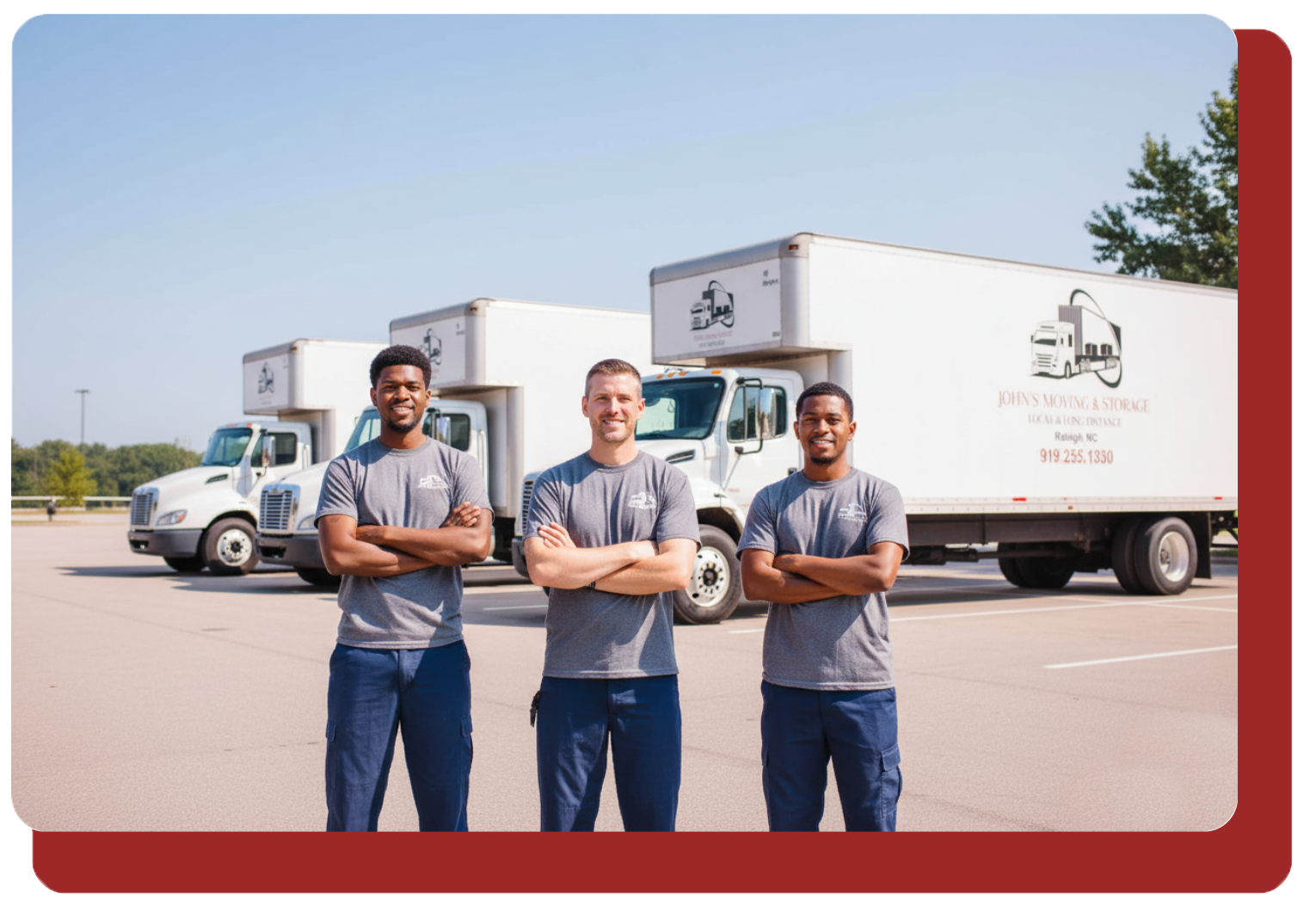 John's Moving & Storage crew standing in front of moving trucks